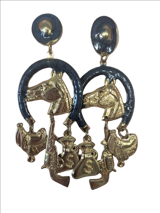 Vintage Jewelry - Vintage Western Horse, Gun And Saddle Horseshoe Dangle Earrings